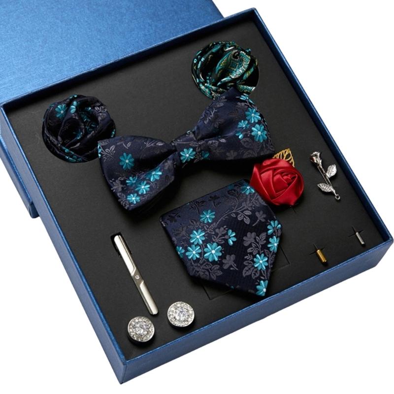 Pack of 9 Men's Floral Tie Set with Pocket Square Tie Clip Brooch Accessories for Formal Occasion Holiday Gift Supply