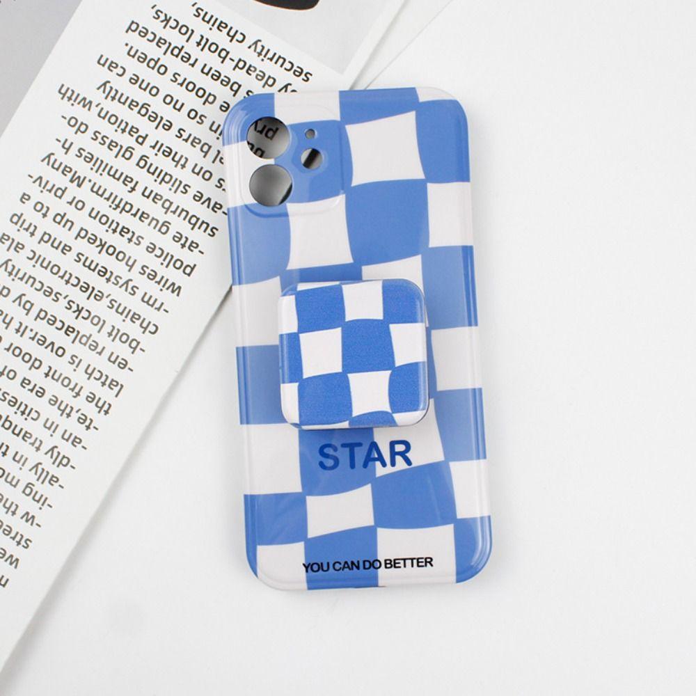 Finger Grip Women Girls Personalized Plaid Mirror Cosmetic Mirror Phone Stand Holder Makeup Mirror