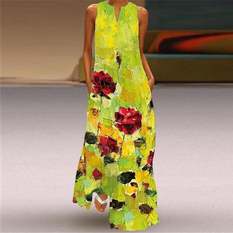 

2024 Retro Long Skirt Dress V-Neck Sleeveless Multicolor Fashion S