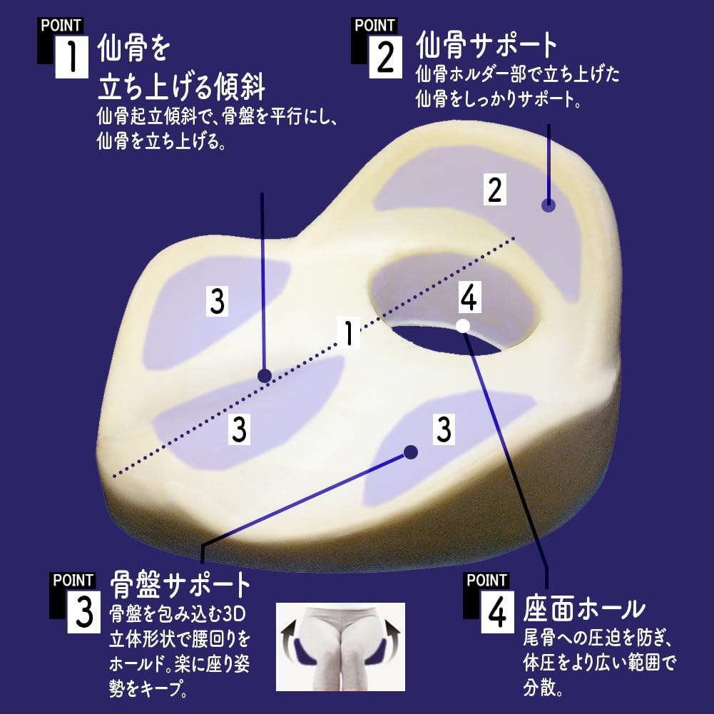 Alphax Posture Support Cushion, Seat Cushion, Chair, Sacrum Cushion, Senritsu, Navy