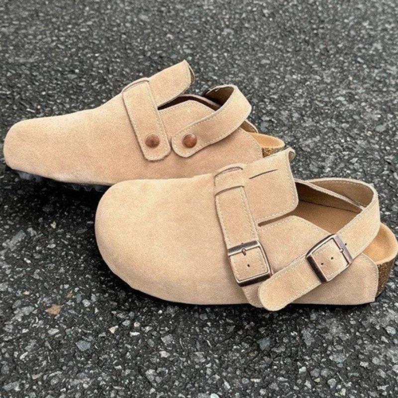 Women's Fashion Round Head Deep Mouth Suede Metal Buckle Inside Increase Anti-slip Wear-resistant Flat Shoes