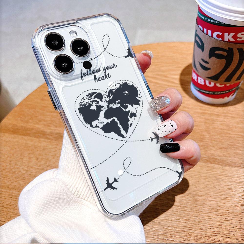Heart Shaped World Map with Planes Lucency Phone Case for IPhone 14 15 16 13 12 11 17 Pro Max 12 13 Mini Soft Cover