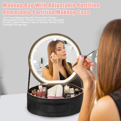 Bolsa de maquillaje de viaje con espejo iluminado, bolsa organizadora de cosméticos con luz LED recargable y divisores ajustables, estuche de maquillaje portátil para cosméticos