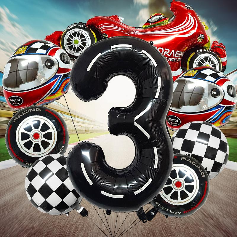 8 Pcs Racing Party Decoration 40inch Black Number Balloon Plaid Balloon Tire Balloon Striped Racing Tire Grid Digital