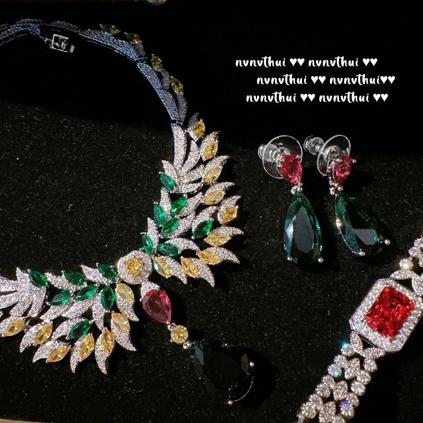 Mojito Wing Gemstone Necklace, Rich Woman'S Happiness, 18K Gold-Plated, Emerald Colored Treasure Water Drop Zircon Earrings.