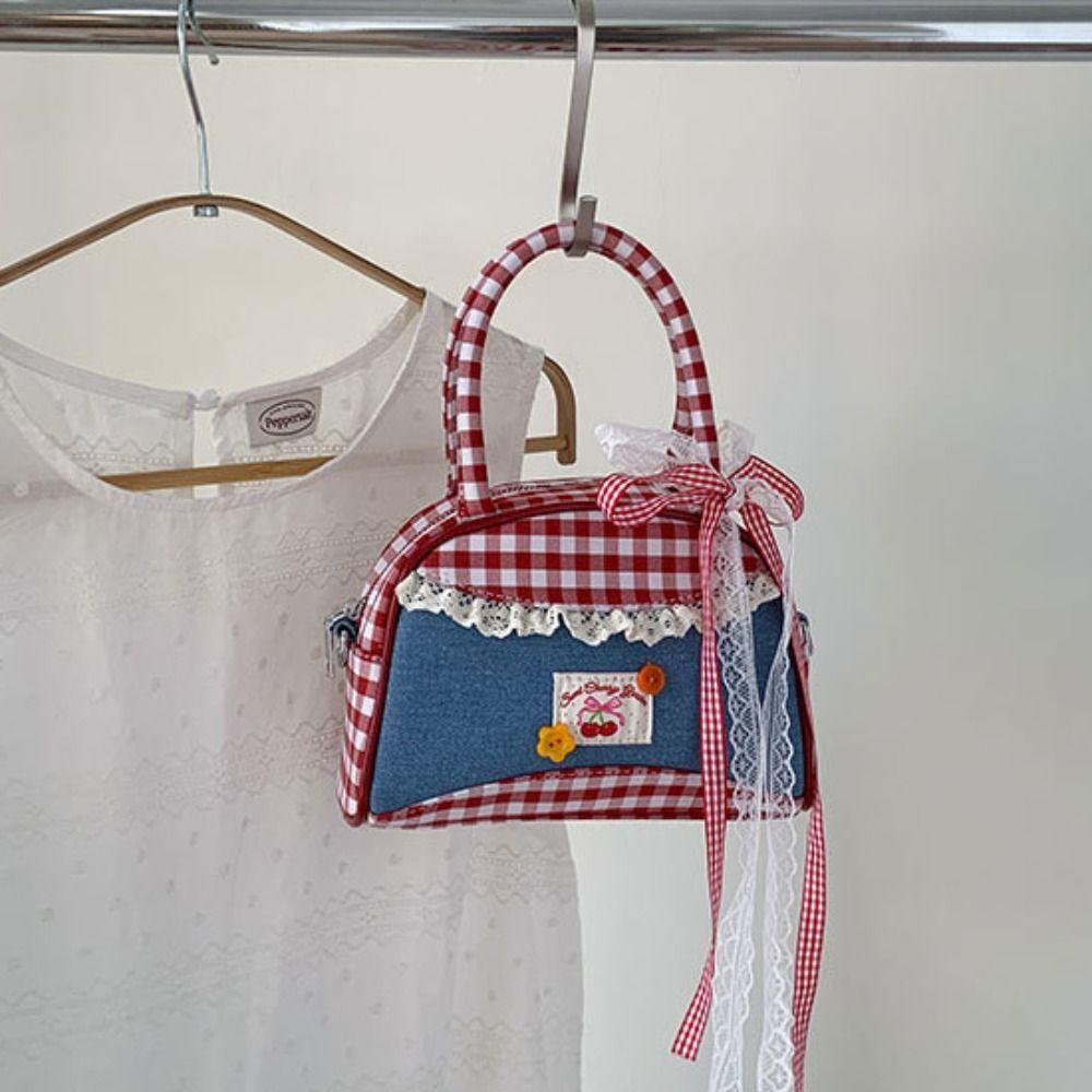 Leisure Lattice Bowling Bag Rural Style Sweet Crossbody Bag Portable Denim Plaid Handbag  Travel