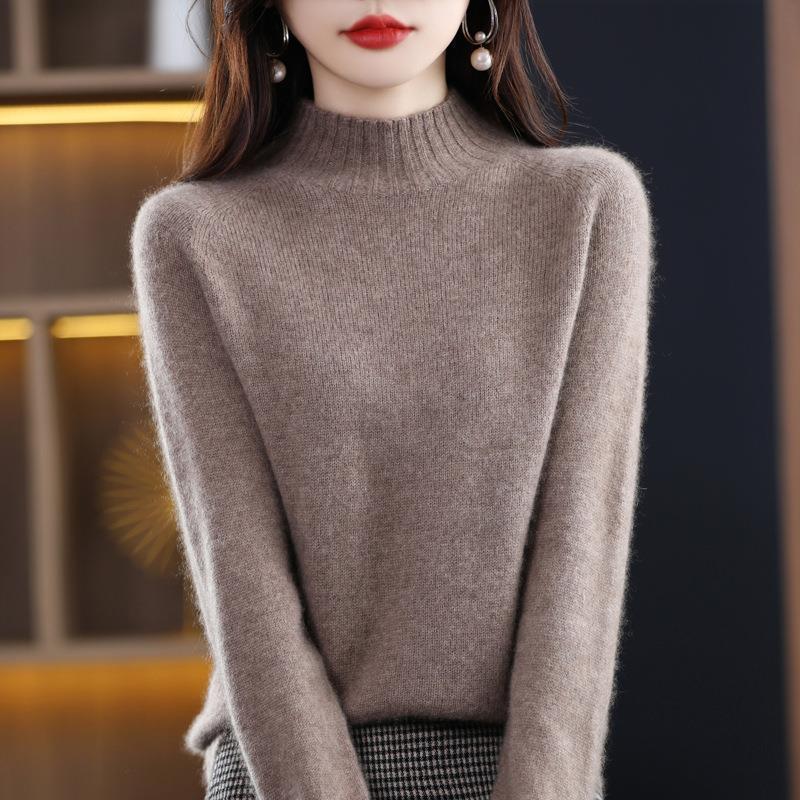 Women's Pure Wool Thickened Sweater - Autumn/Winter New Style, Loose Half-High Neck Pullover Knit Base Layer