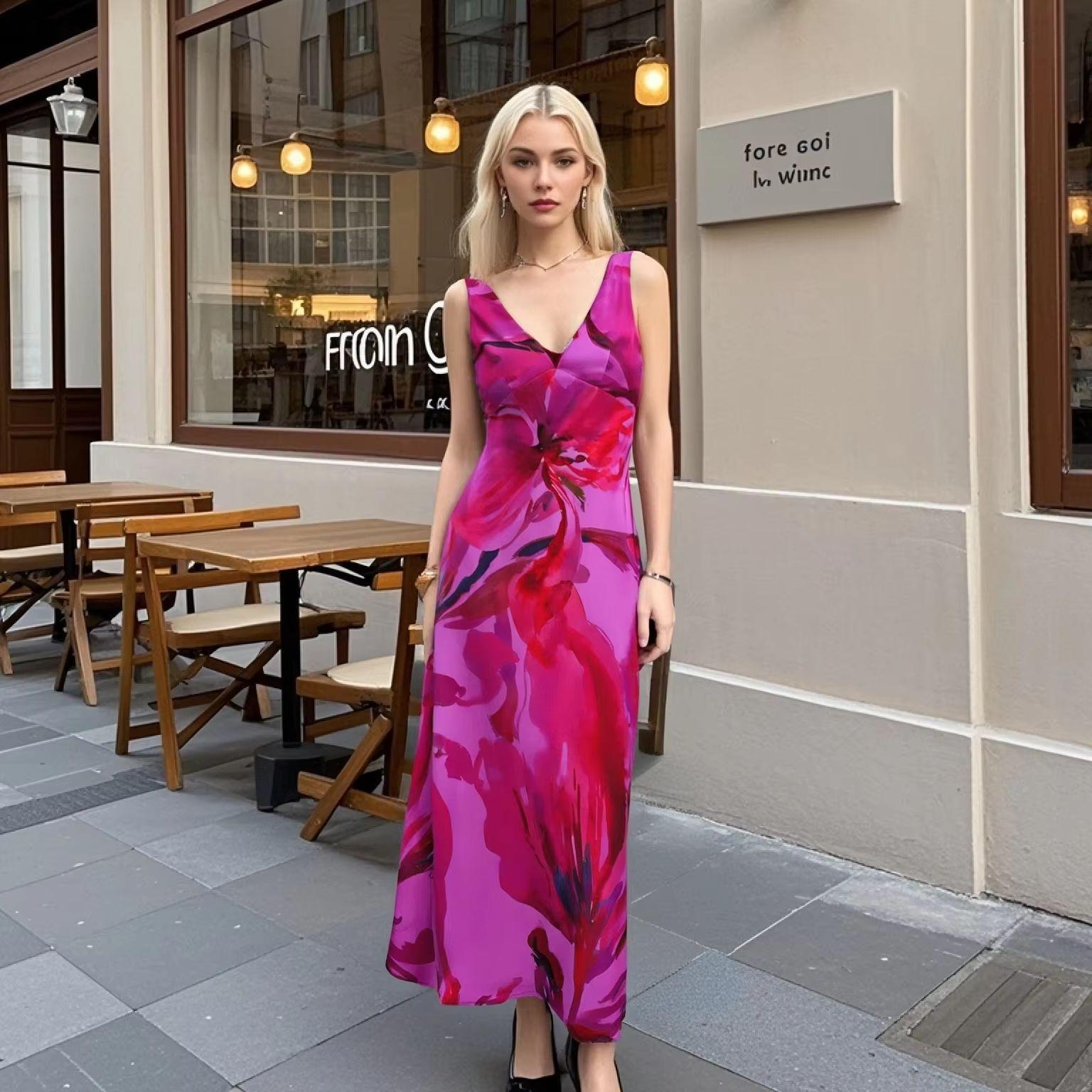 

Slim Sexy Backless V-Neck Sleeveless Print Dress - Spring/Summer 2025 Small