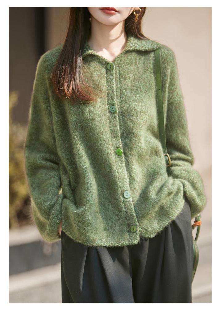 Women's Heather Yarn Polo Collar Cashmere Wool Blend Cardigan - Thick, Long Pile, Plush, Warm, Perfect for Autumn and Winter