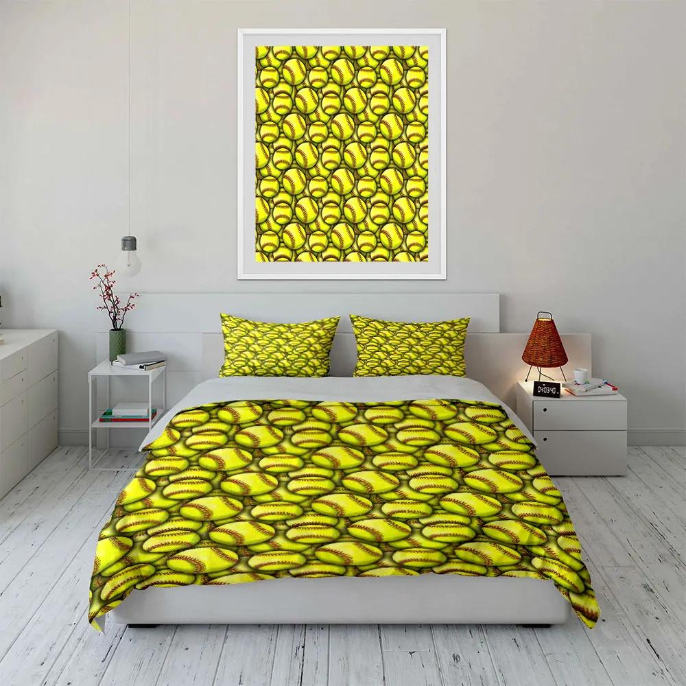 3Pcs Softball Bedding Set Bright Yellow Softballs Print Duvet Cover + 2 Pillowcases bedroom Sports Team Decor