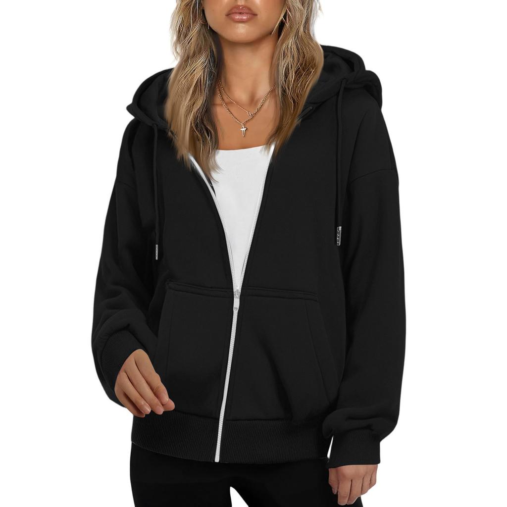 Damen Modischer Lockerer Fleece Kapuzen-Casual-Cardigan mit Reißverschluss Sweatshirt