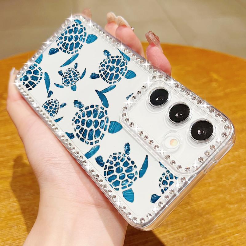 Whale Pattern Soft Silicone Phone Case For Samsung S25 Edge S24 FE S23 Ultra S22 A16 A56 A36 A15 A55 A35 Diamond Frame Clear Shockproof Cover