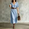Women's Short Sleeve V-Neck Bohemian Cotton Linen Dress for Summer Casual Wear