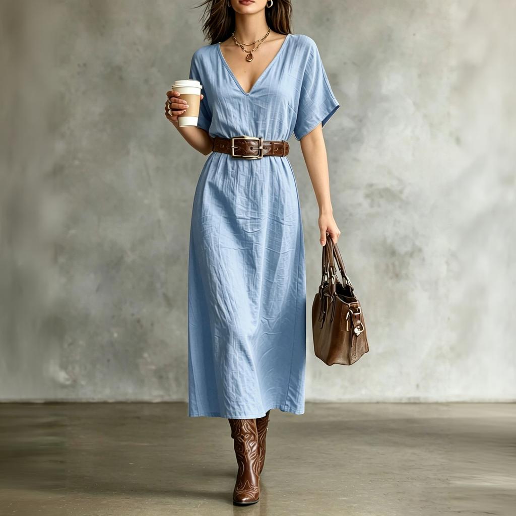 Women's Short Sleeve V-Neck Bohemian Cotton Linen Dress for Summer Casual Wear