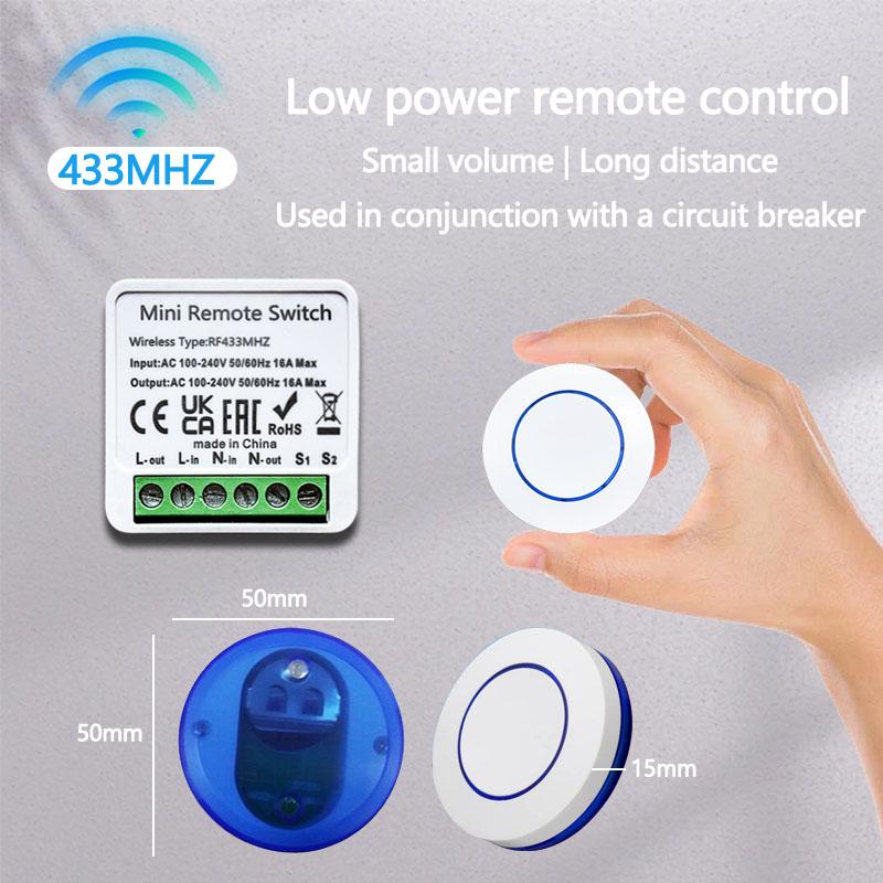 Wireless 433MHz Remote Control Switch Mini Round Button Panel Switch 16A Relay Receiver Module 100-240V LED Lamp DIY Home Auto