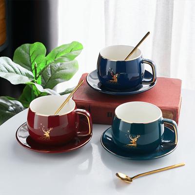 Goldbemalte Kaffeetasse und Teller im nordischen Stil, zweiteiliges Set aus Hirsch-Keramikbecher, Wasserbecher, Nachmittagstee, Milchbecher