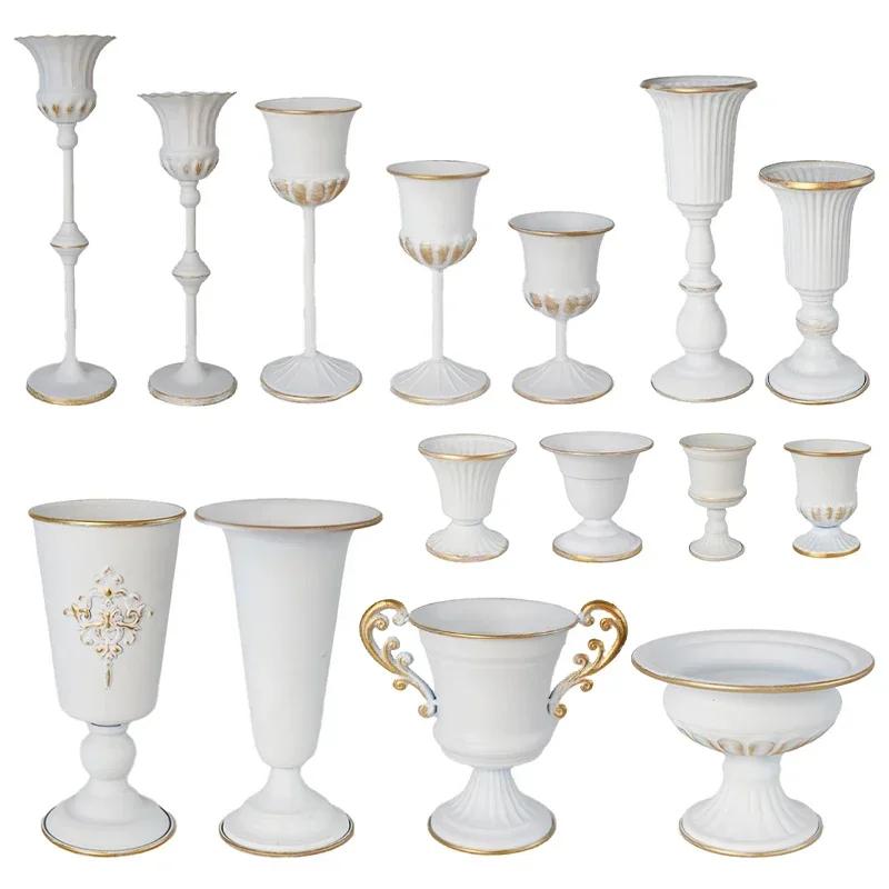 European White Iron Art Vase Florist Tall Cup Shape Flower Vase Arrangement Ornament Hotel Banquet Party Desktop Decoration