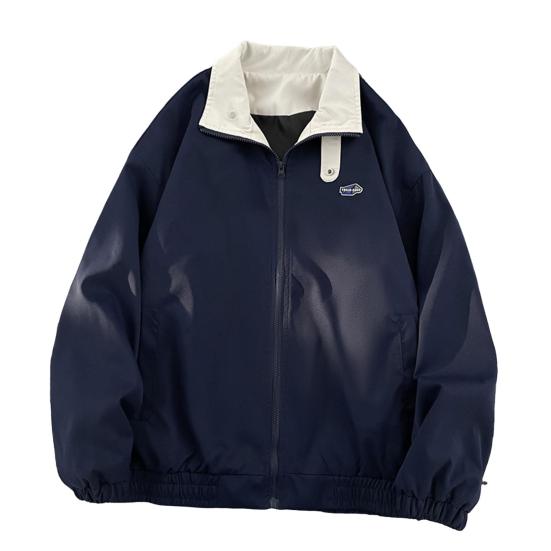 Men Cardigan Jacket Lapel Long Sleeve Zipper Placket Color-Blocking Design Jacket Coat with Pockets Loose Fit Outerwear