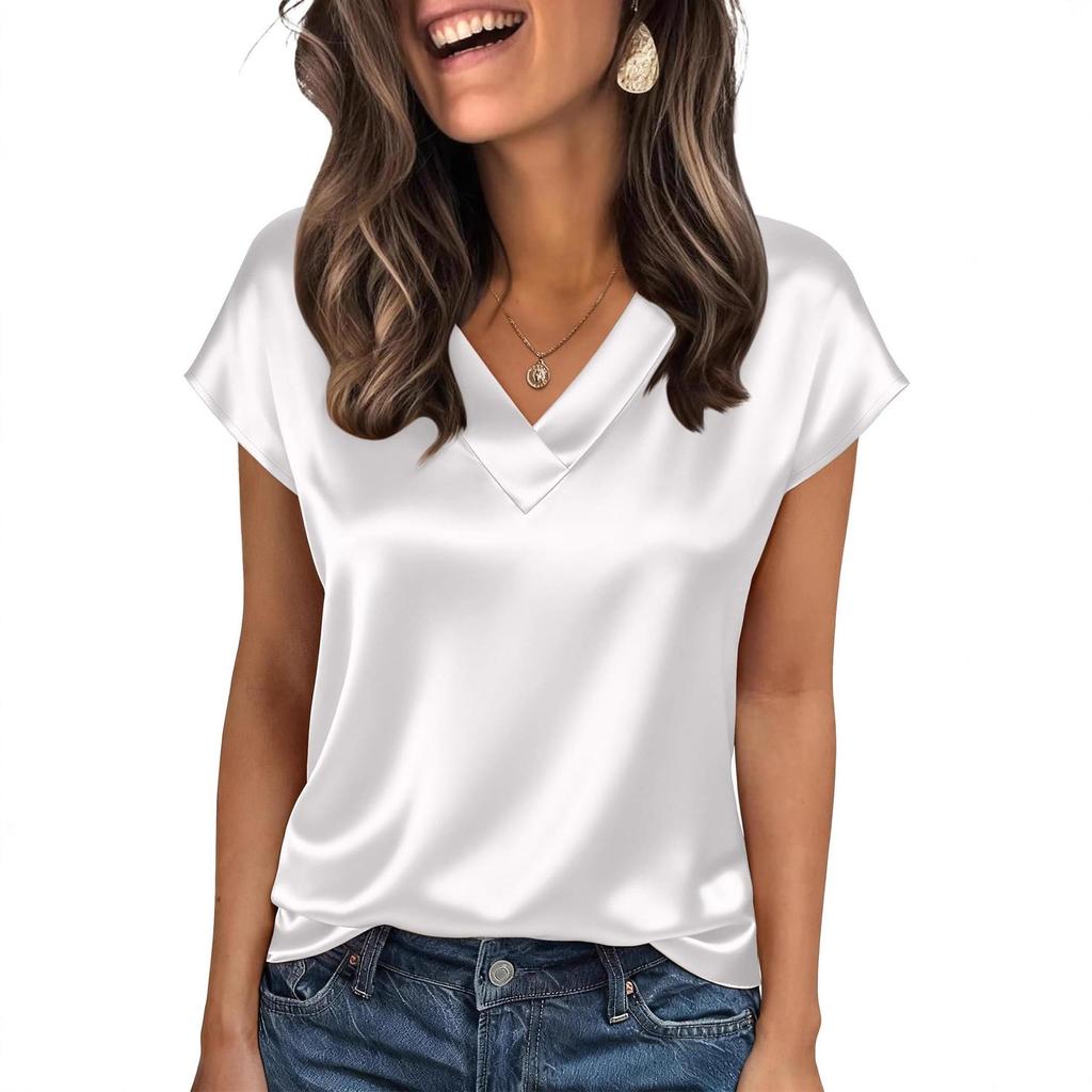 Een Nieuwe Effen Kleur Modieuze en Veelzijdige Satijnen V-hals Top met Korte Mouwen voor Lente en Zomer