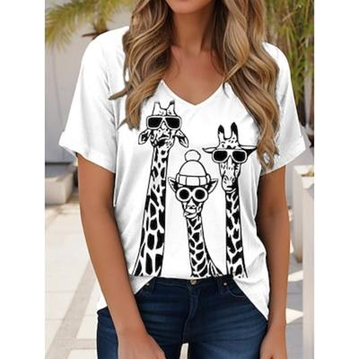 Camiseta de Mujer Gráfica Animal Jirafa Elegante Vintage Casual Manga Corta Cuello en V Regular Tops Ropa Estampado Verano