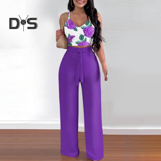 Summer Two Piece Outfits for Women Sleeveless V-neck Halter Tank Top Wide Leg Pants Set Summer Casual Floral Print Matching Suit