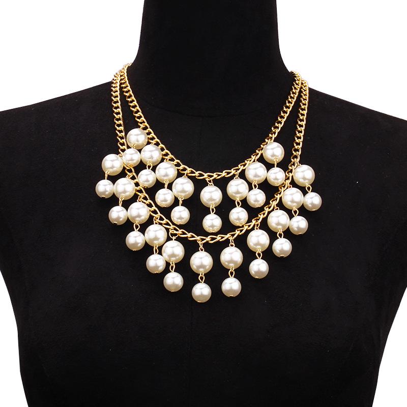 European-American Double-Layered Exaggerated Tassel Necklace with Large Faux Pearls - Short Choker for Women