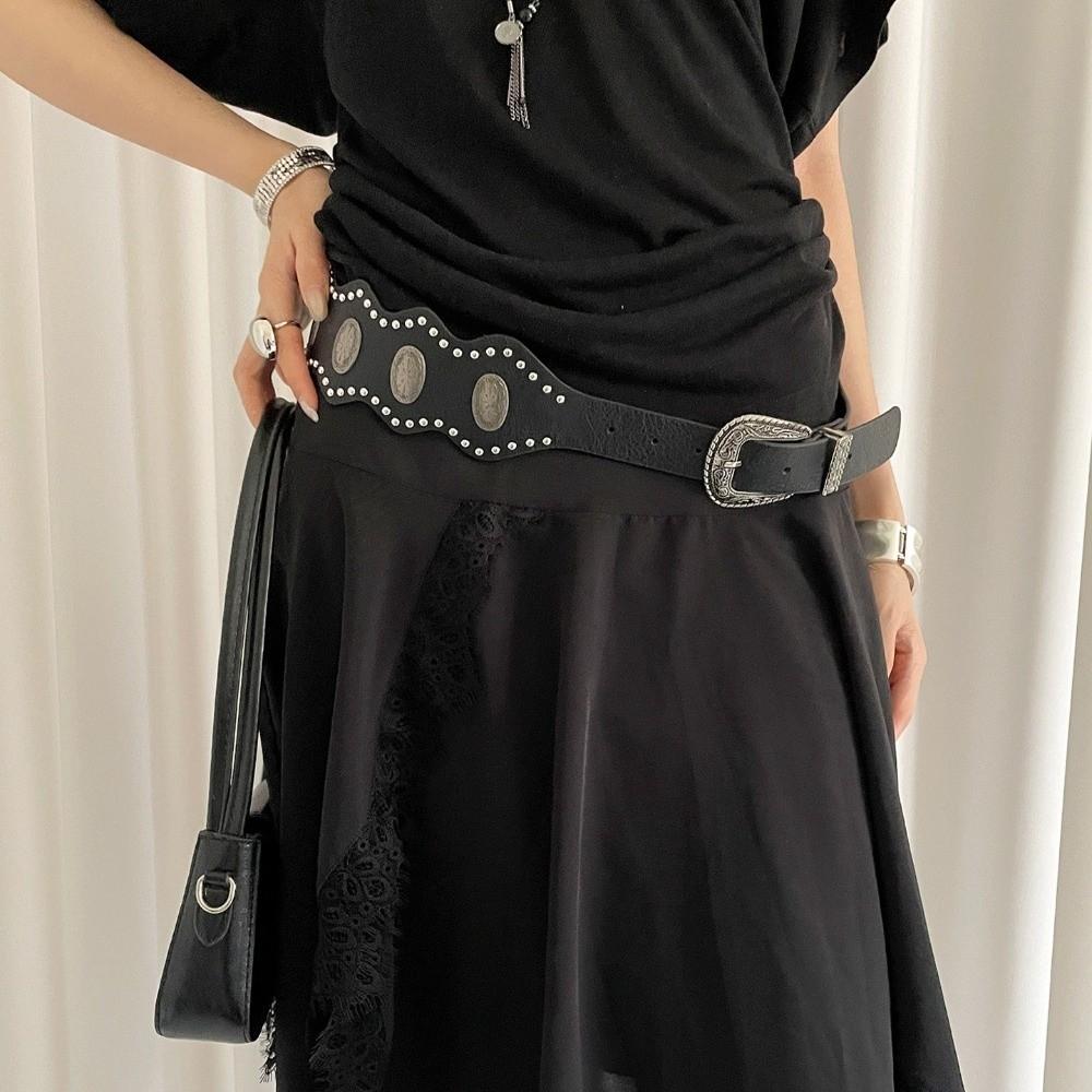 Black Leather Waist Belt Vintage Dress Jeans Belt Versatile Women's Belt  Streetwear