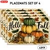 4/6pcs Set of "Hello Fall" Text Placemats with Pumpkin, Maple Leaf, and Pinecone Patterns, Featuring an Autumn-themed Design. Suitable for Indoor/outd