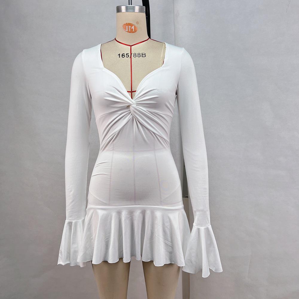 Women's 2024 Autumn/Winter Solid Color Low Neck Long Sleeve Ruffle Dress