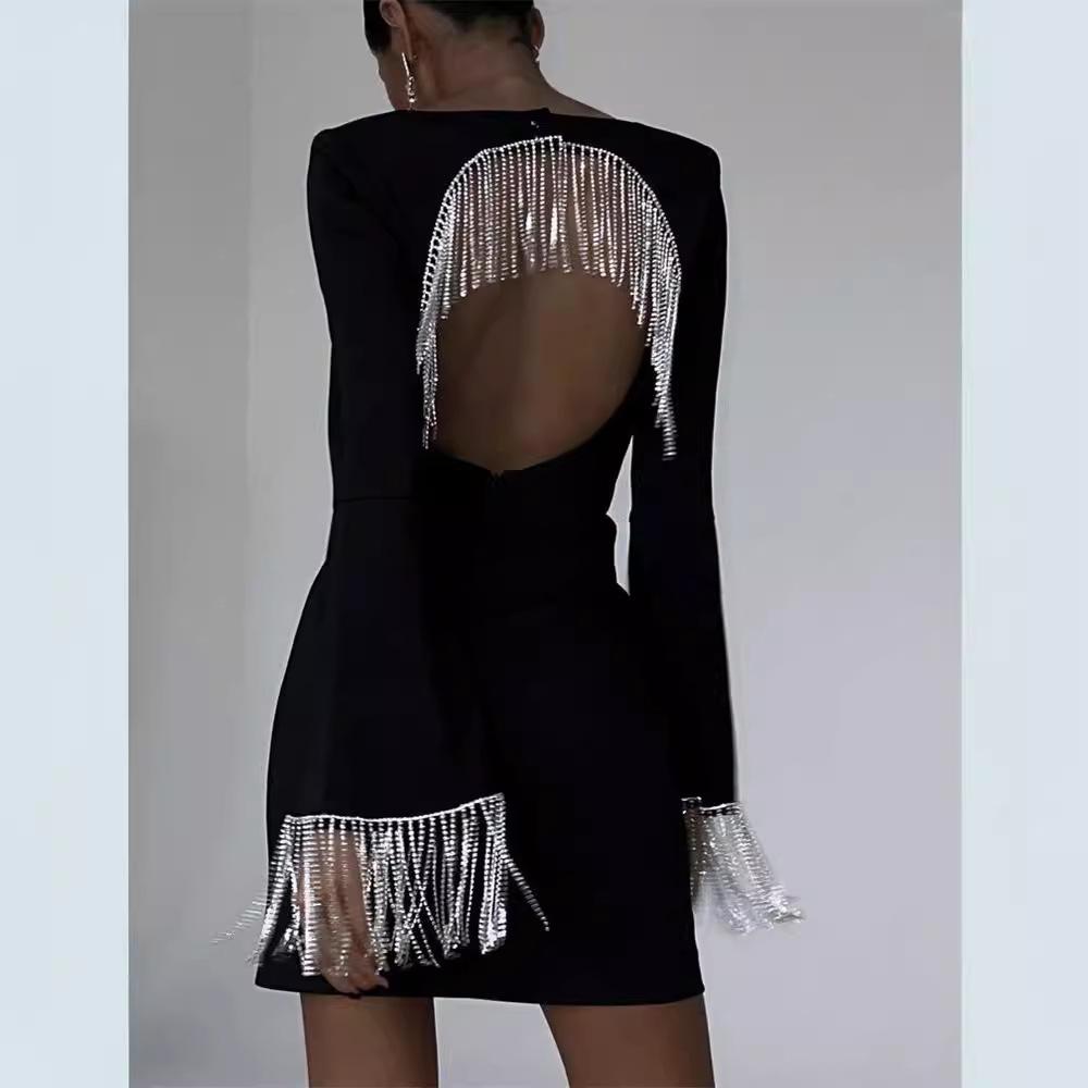 Schwarze Midikleider mit Fransen und hohlem, ausgestelltem Ärmel