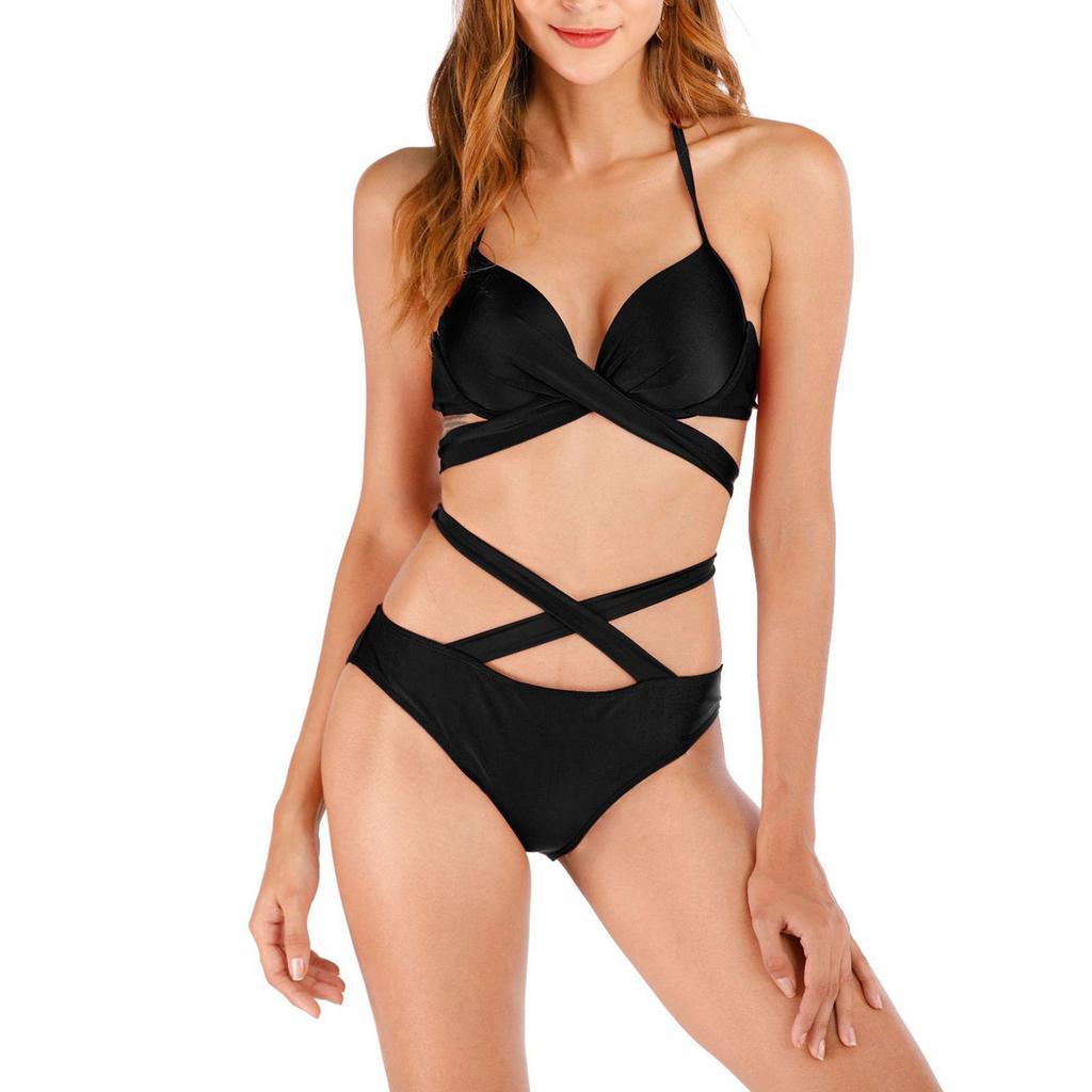 Women Sexy Bikini Set Solid Color Cross Strap Two Piece Swimsuit Beachwear Swimwear for Summer Pool Party