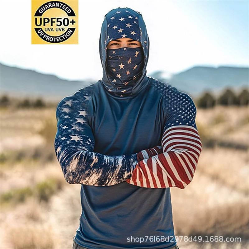 Mens Quick-Dry Hooded Rash Guard With Face Cover Print UV Protection Surfing Shirt Beach Fishing Outdoor Activities