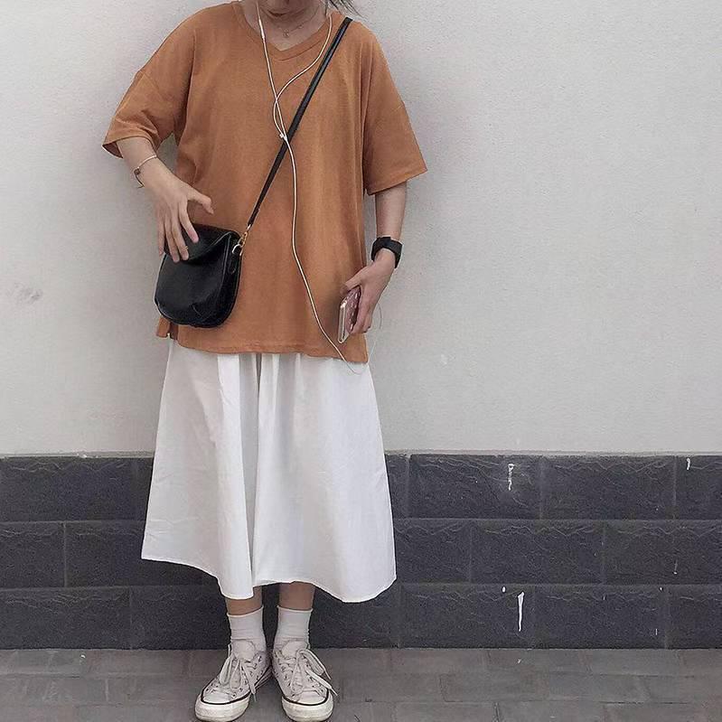 Women's Mid-Length A-Line Skirt: Japanese & Korean Style, Solid Color, Elastic Waist