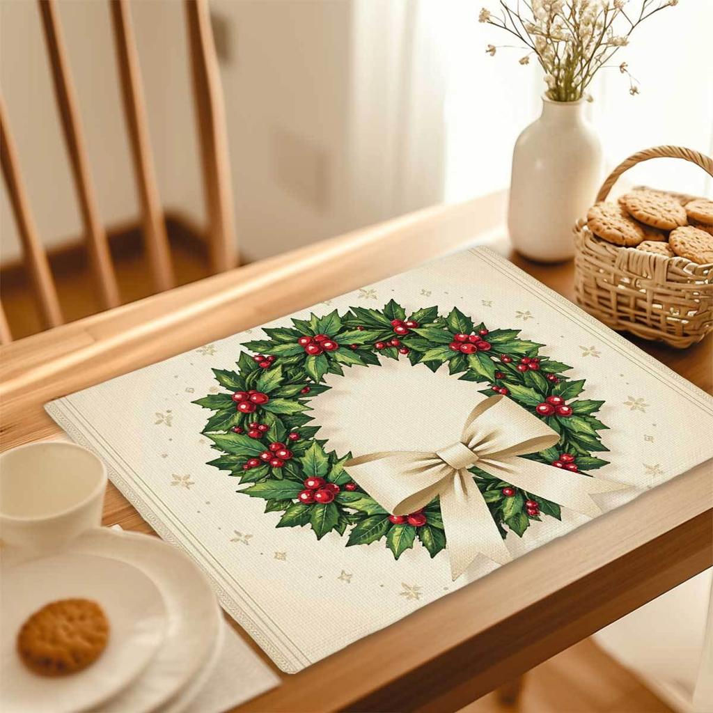 4pcs Set, 2D Flat Print Placemats - Elegant Christmas Wreath Rectangular Table Mats for Holiday Gatherings, Family Parties, Picn