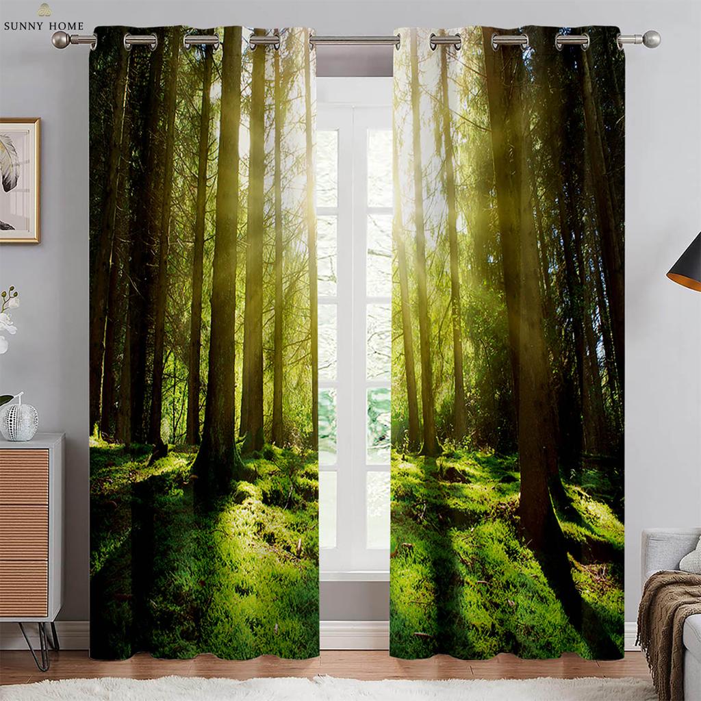 Green Forest Scenery 3d Printed Curtains Black Silk Blackout Heat Insulation Curtains Bedroom Study Living Room Curtains 2pcs