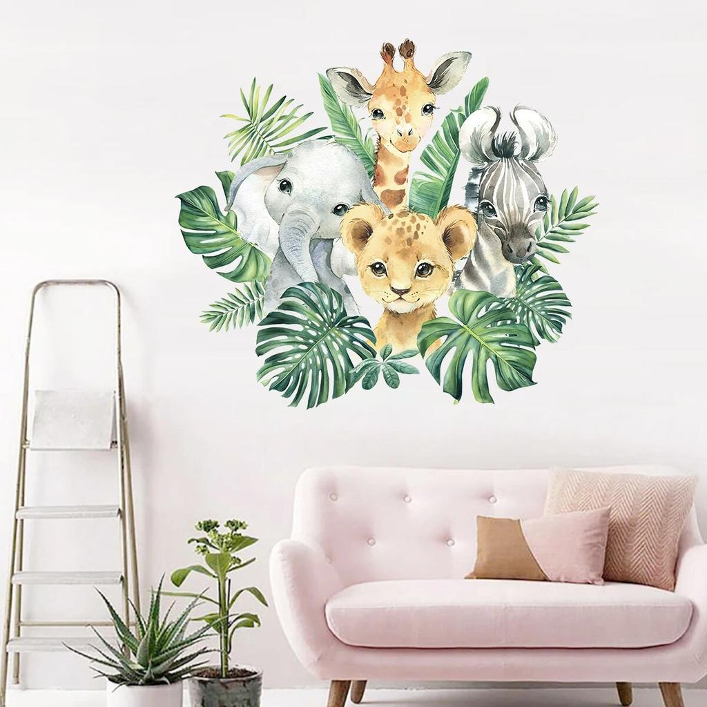 Cartoon Cute Smiling Face Lion Giraffe Elephant Leaf Rainbow Wall Sticker for Kids Room Bedroom Home Decoration Wall Decor