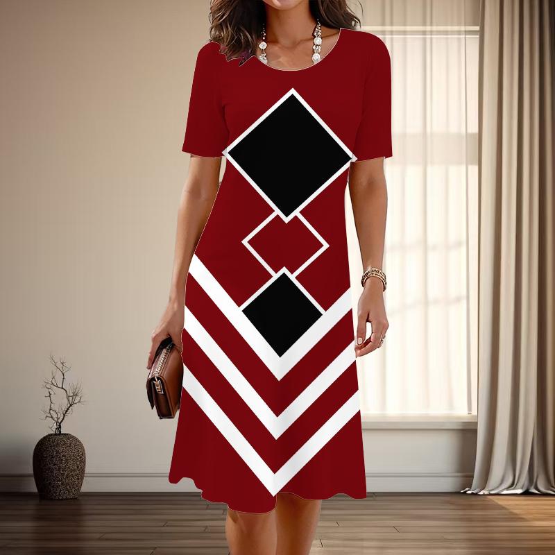 

Женская мода изящный простой узор с принтом лето весна короткий рукав О-образный вырез повседневные платья 8XL красный