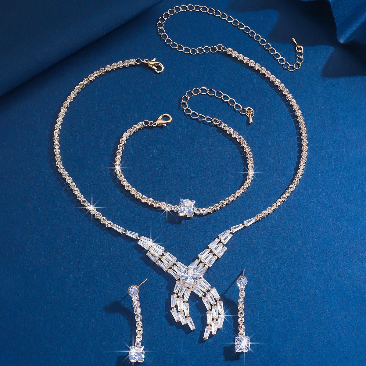 

Bright Diamond Necklace Earrings Bridal Wedding Zircon Jewelry Fashion Wedding Banquet Dress Set