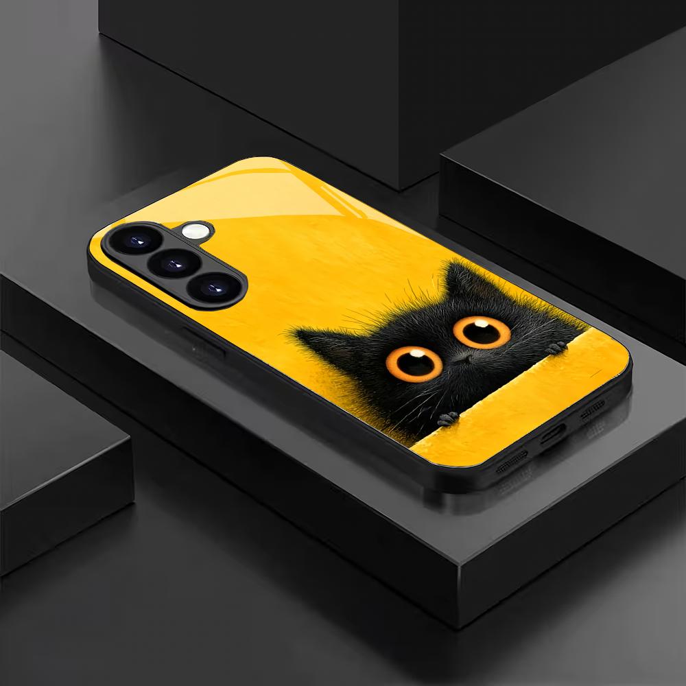 Cute cat tempered glass phone case suitable for Samsung Galaxy S26 S25 S24 S23 S22 S20 FE/Ultra/Plus anti fall back cover