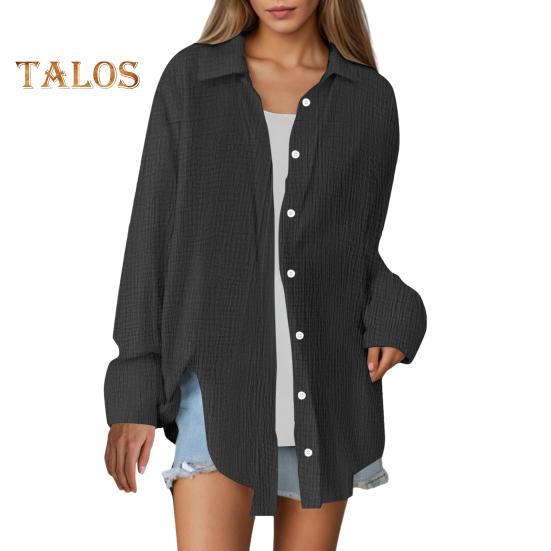 Damskjorta Krage Långärmad Knappar Sprund Skjorttoppar Enfärgad Lös passform Lättskött Skrynklig skjorta