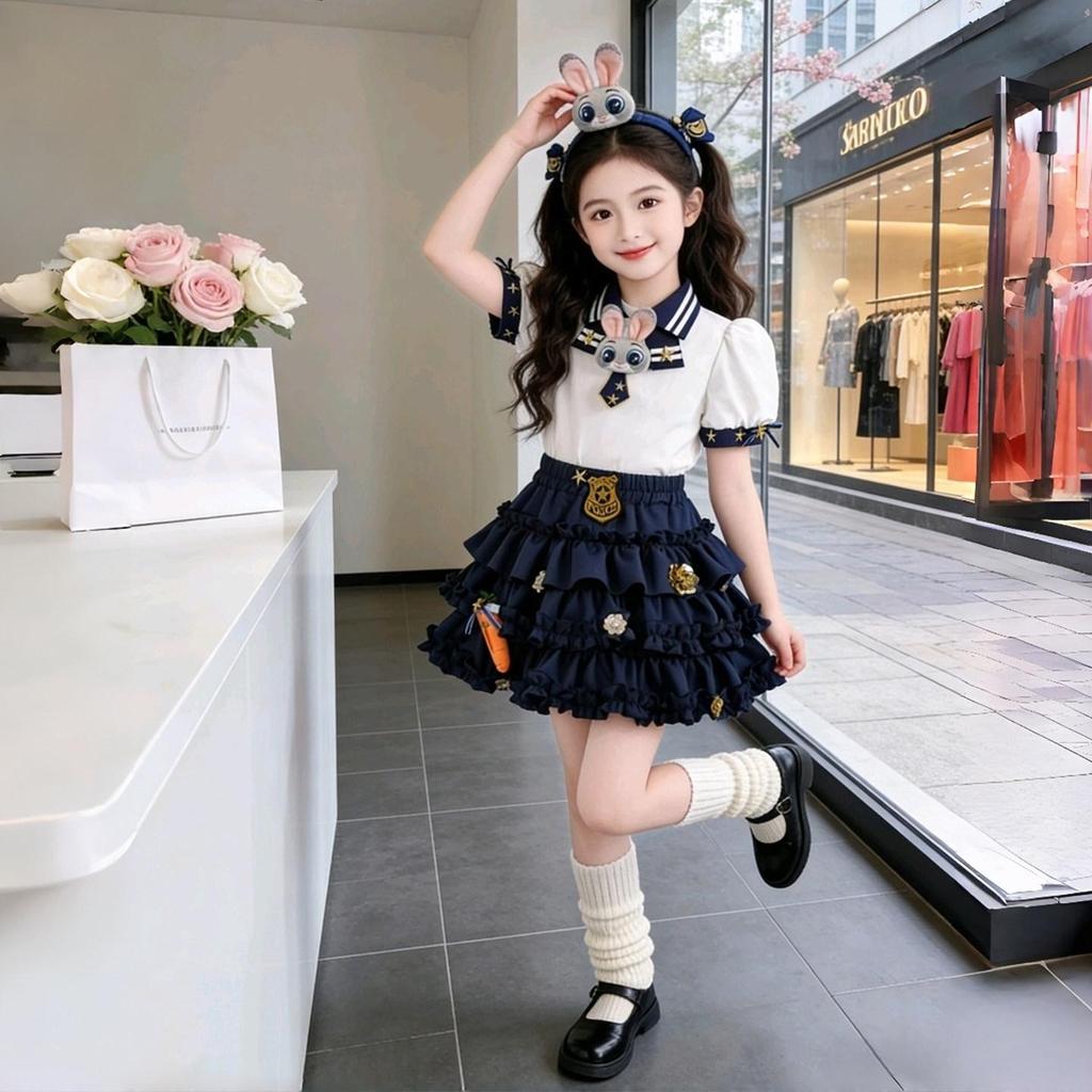 Girls' Academy Style Cartoon Skirt Set - Sweet Summer Princess Two-Piece Outfit