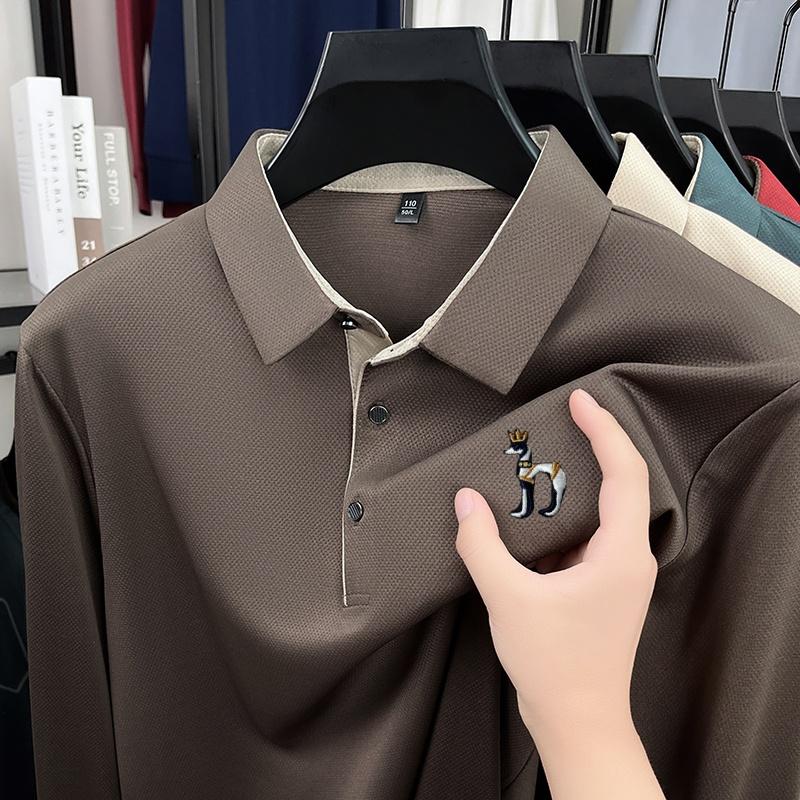Men's Lapel Polo Shirt Long Sleeve T-Shirt Autumn Dog Embroid Fashion Business Office Trend Men's Wear