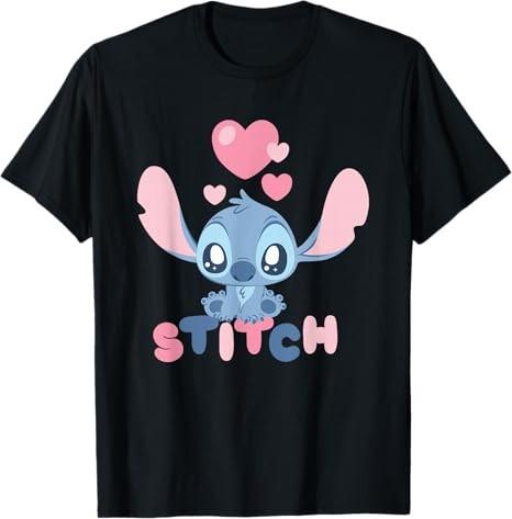 Lilo Stitch Pink Hearts Stitch Black TShirt S