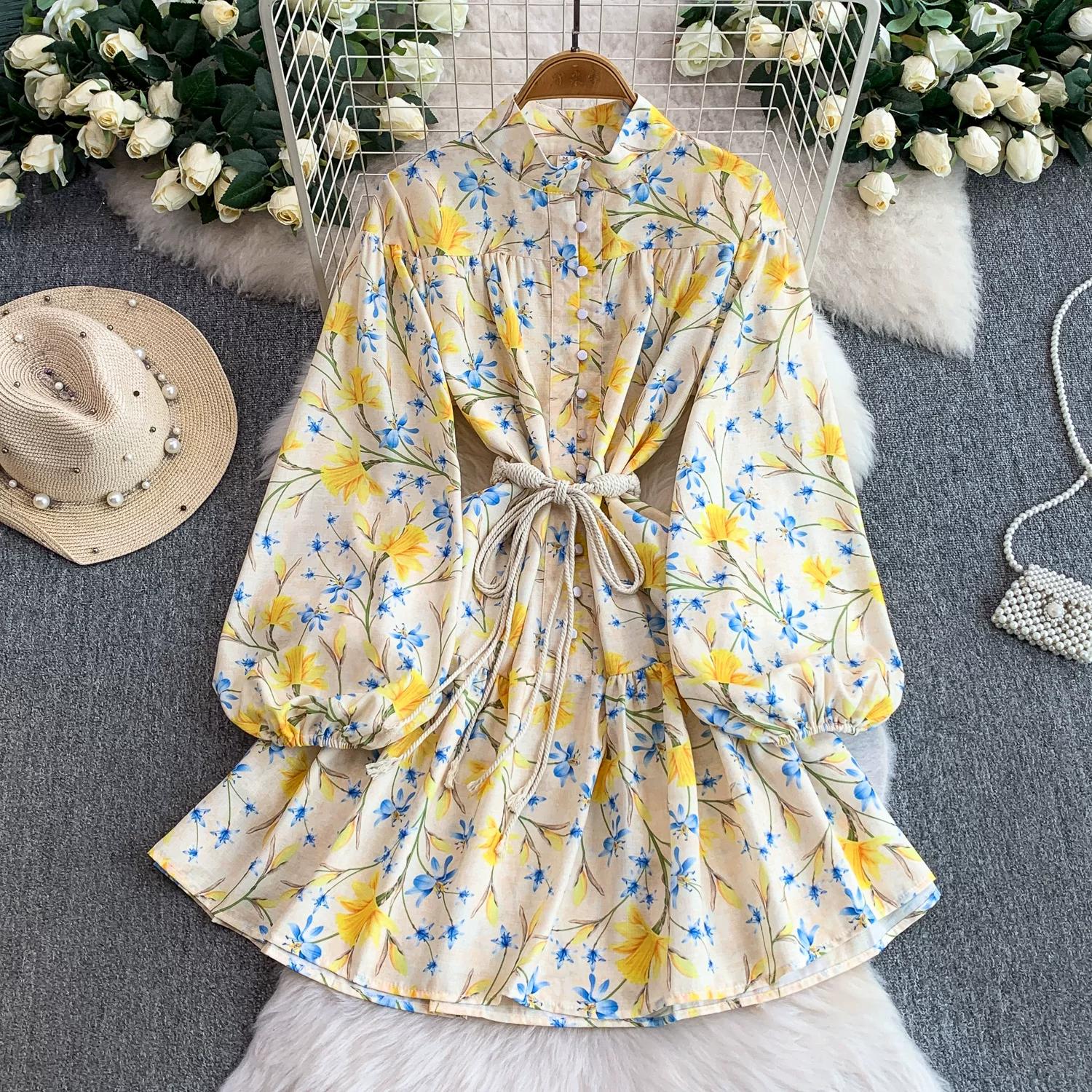 

Spring Autumn Sweet Floral Print Single-Button Lantern Sleeve Short Dress for Women S жёлтый