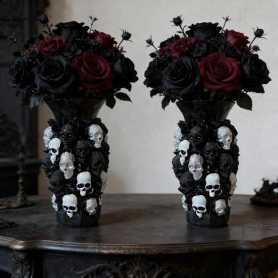 Gothic Skull Flower Vase Ornament Spooky Black White Skull Dried Artificial Flower Holder