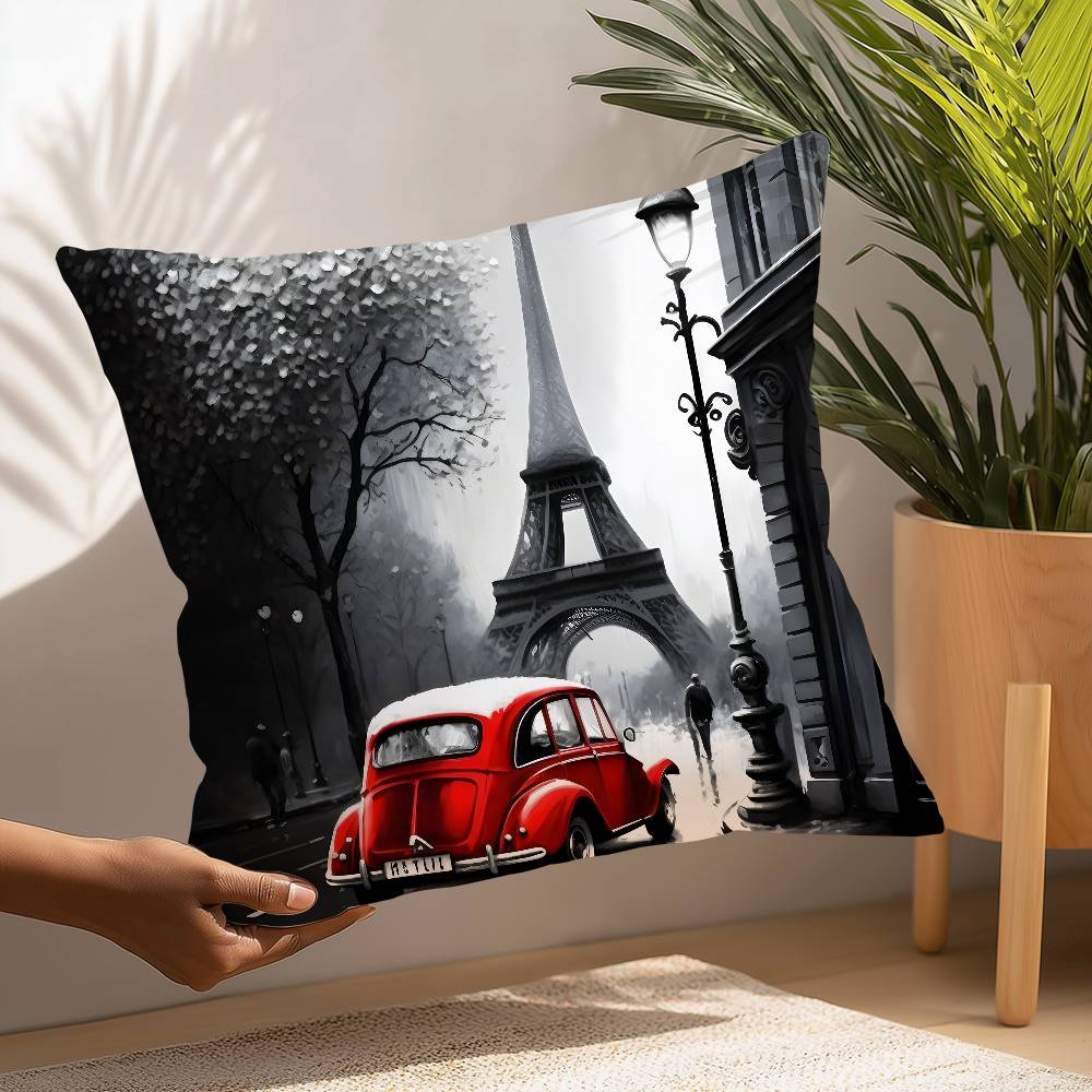 Urban Bus Car London Sreet Eiffel Tower Pillow Case Sofa Decorative Home Double-Sided Printing Short Plush Cushion Pillow Cover