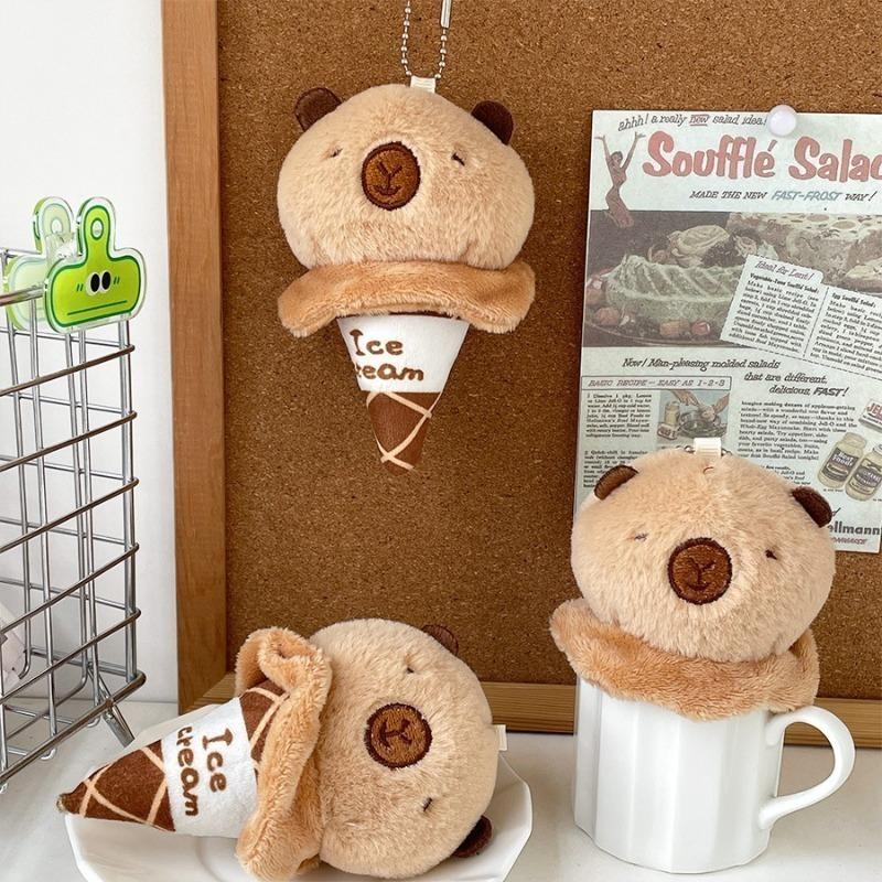 Capybara Plush Keychain Ice Cream Cone Cartoon Soft Creative Bag Pendant Desk Decor Doll Gift Stuffed Animal Accessories
