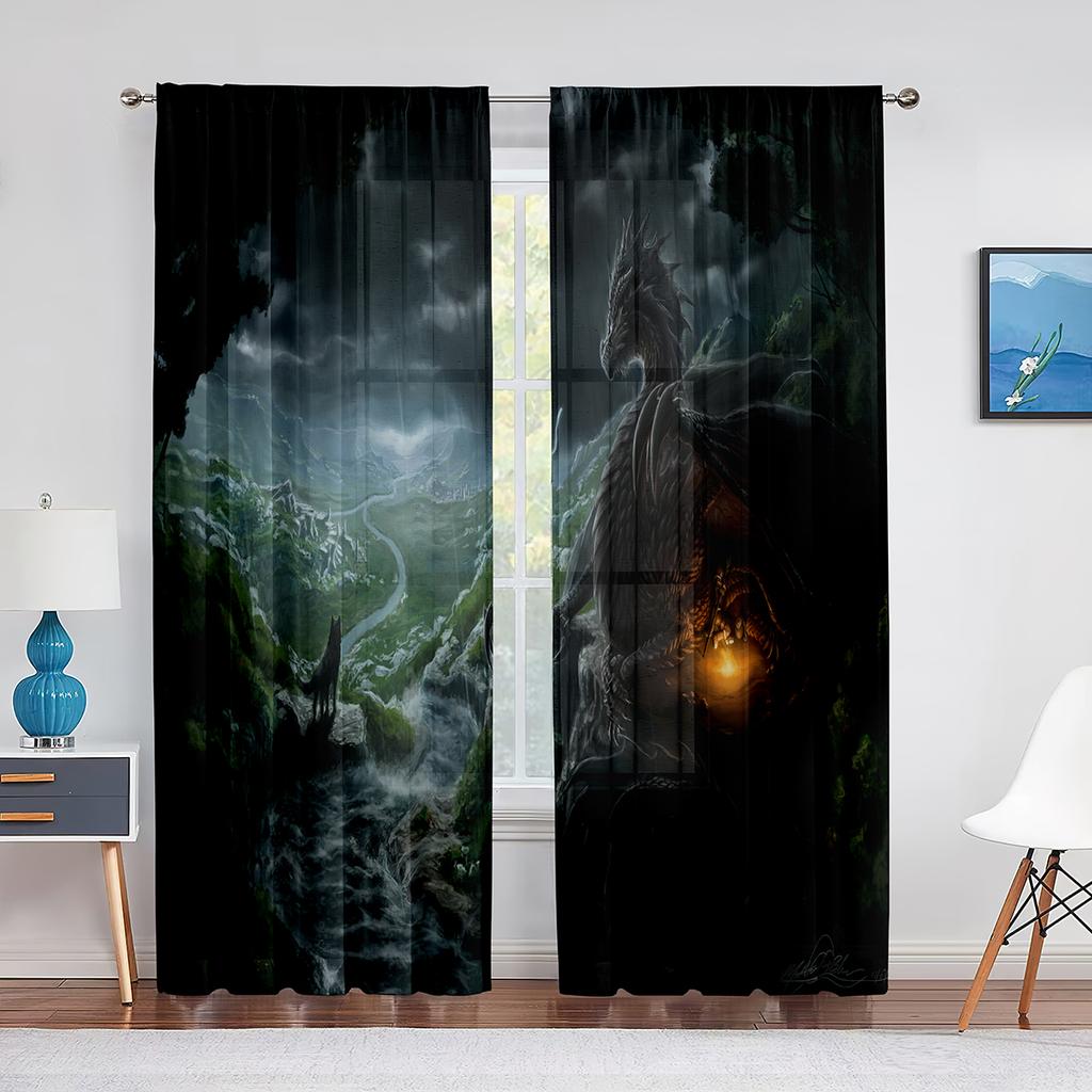 Two Golden Dragon On Red Background Sheer Voile Curtain for Living Room Bedroom Kitchen Transparent Tulle Curtain Window Drape