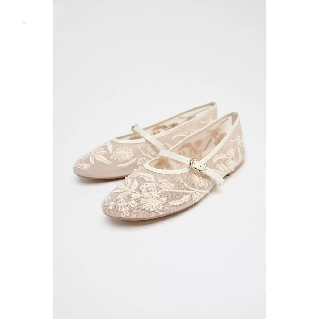 Z Summer New  Shoes Inlaid with Artificial Pearl Embroidered Mesh Light Mouth Ballet Shoes X