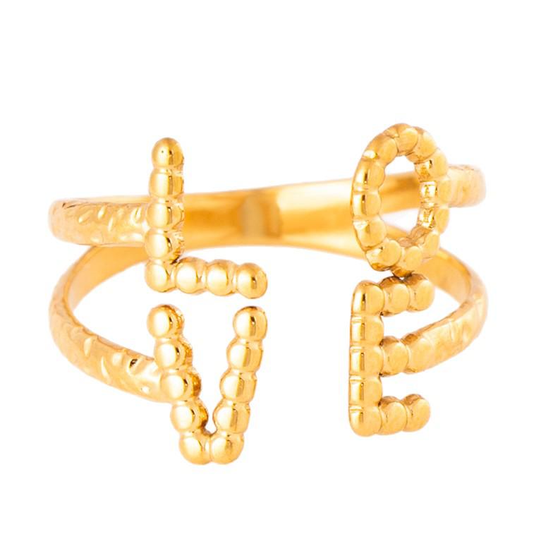 18k Gold Letter LOVE Ring, Stainless Steel Open Design, Colorfast Titanium Steel, Women's Finger Ring with Vacuum Electroplating.